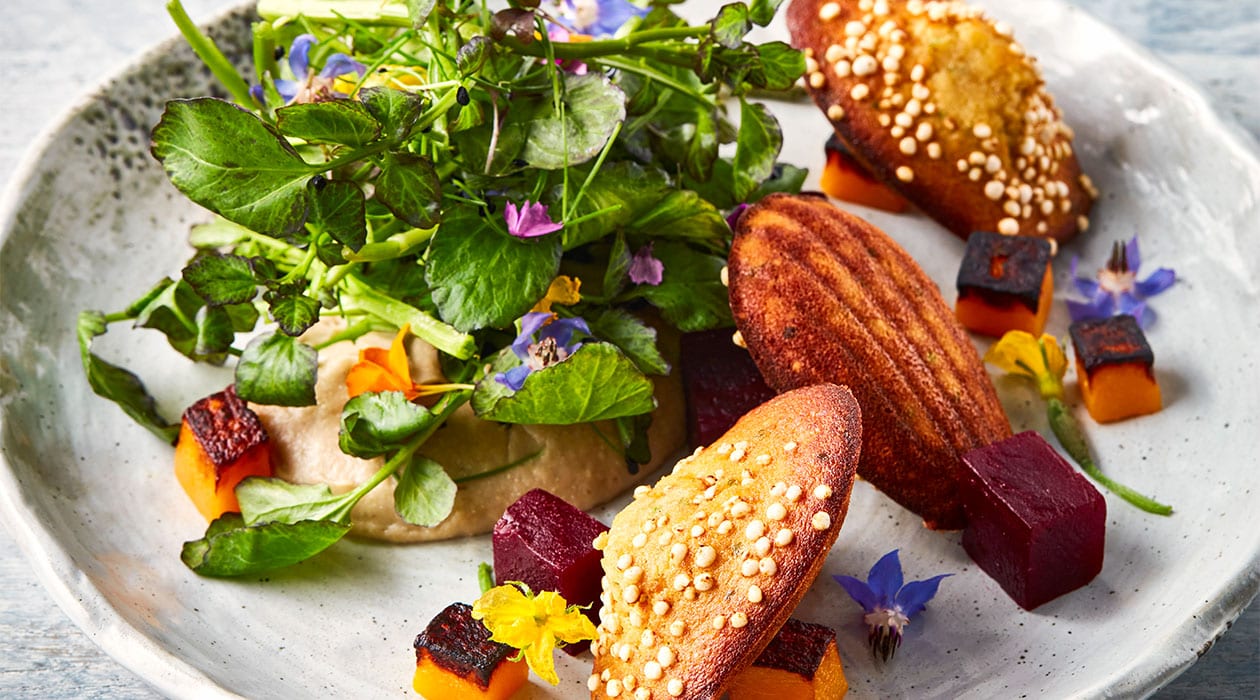 Herzhafte Teff-Madeleine mit Hefe-Topinambur- und Sonnenblumenpüree Herzhafte Teff-Madeleine mit Hefe-Topinambur- und Sonnenblumenpüree