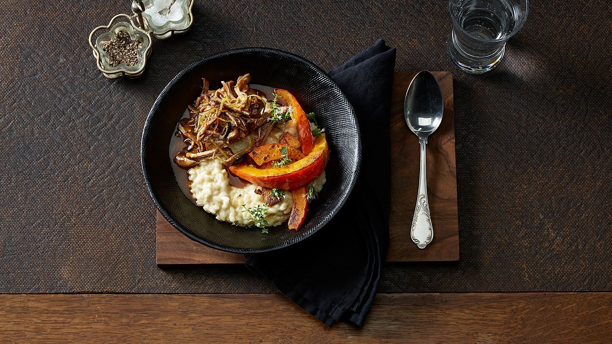 Effiloché de poulet avec un risotto au vin blanc et courge au four