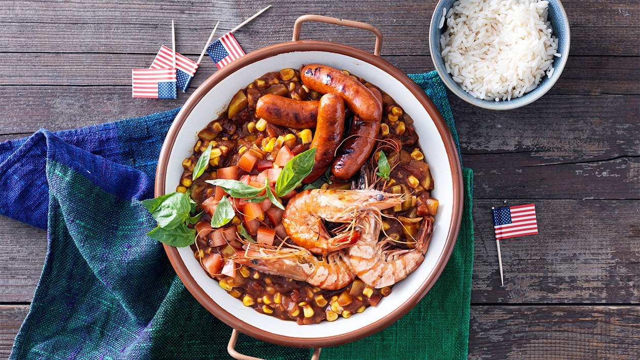 Gumbo aux crevettes géantes et saucisses piquantes