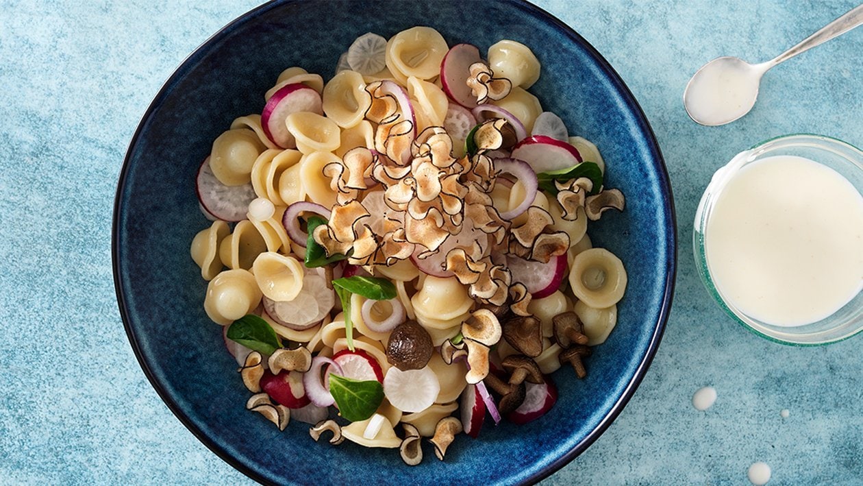 Salade d'orecchiette aux champignons et radis blancs et rouges