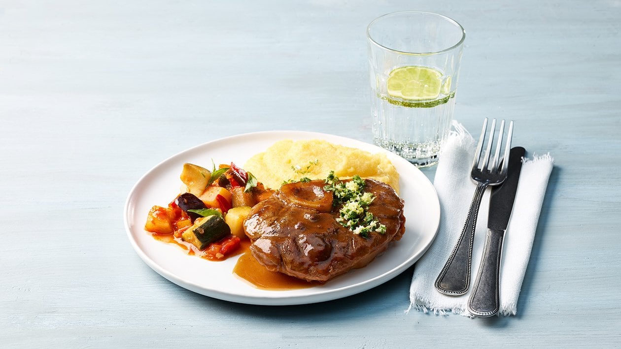 Ossobuco cremolata, tranches de polenta et ratatouille