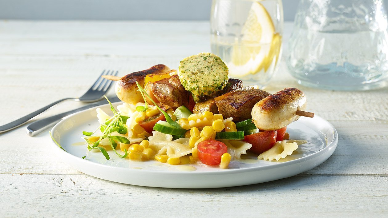 Salade de pâtes et brochette Salade de pâtes et brochette
