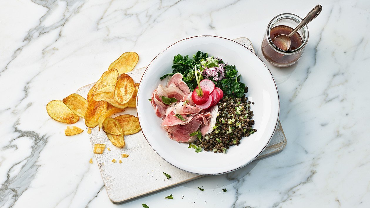 Salade de lentilles et jarret de porc