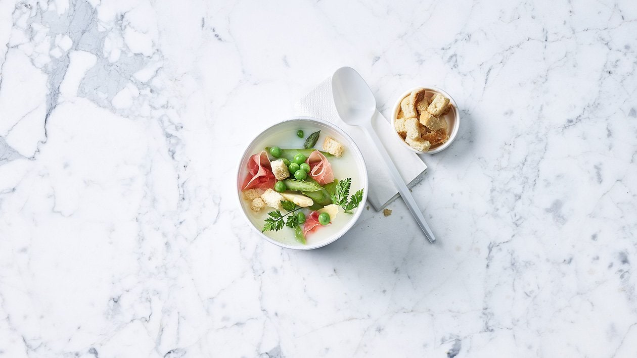 Crème d'asperges, bouts d'asperges fraîches et jambon cru (à l'emporter)