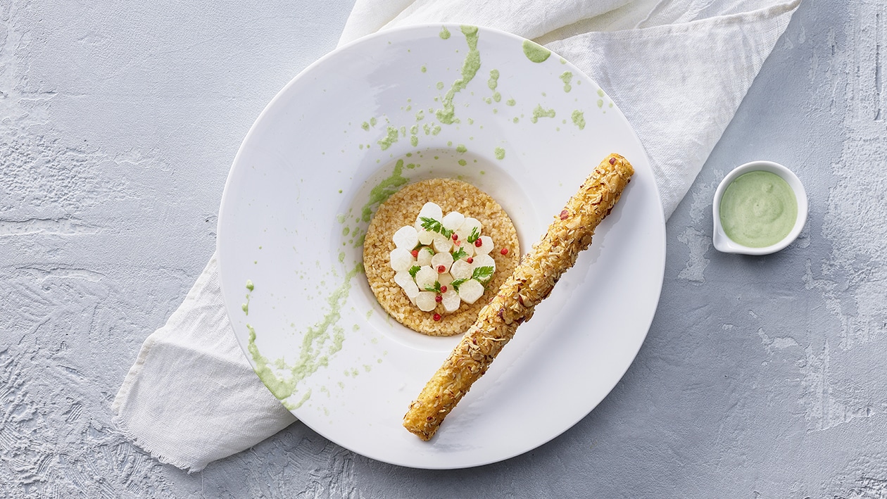 Bulgur mit Schwarzwurzeln und Ziegenkäse-Kroketten Bulgur mit Schwarzwurzeln und Ziegenkäse-Kroketten