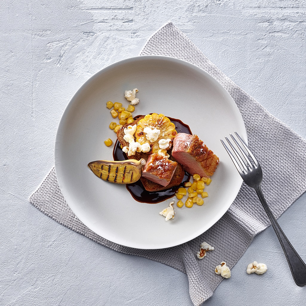 Glasierte Ente mit Süssmais und Banane