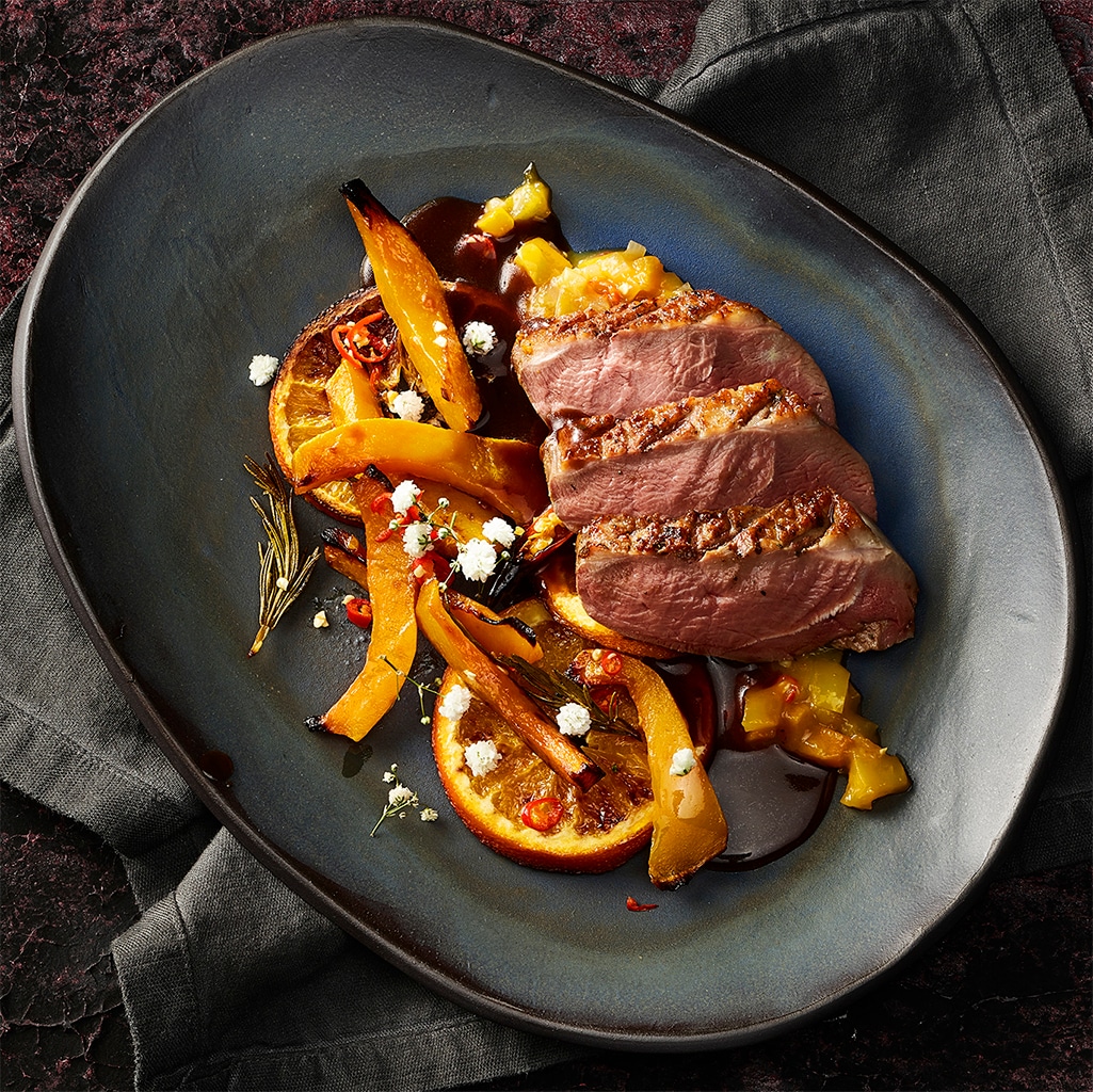 Entenbrust mit Orangenjus und Ofenkürbis