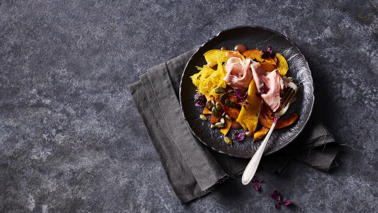 Salade de courge tiède au jambon fumé de campagne Salade de courge tiède au jambon fumé de campagne