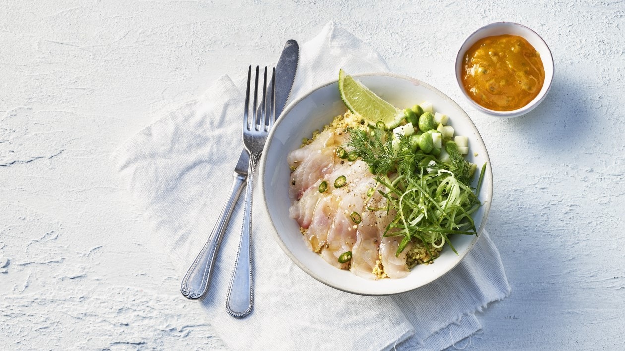 Salade de boulgour au ceviche de sandre et dressing aux fruits de la passion