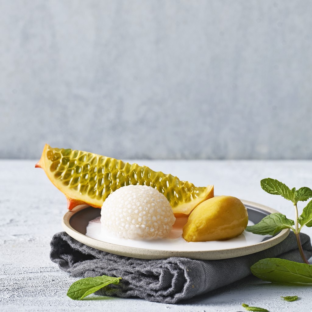 Perles de tapioca, sauce au lait de coco et sorbet à la mangue