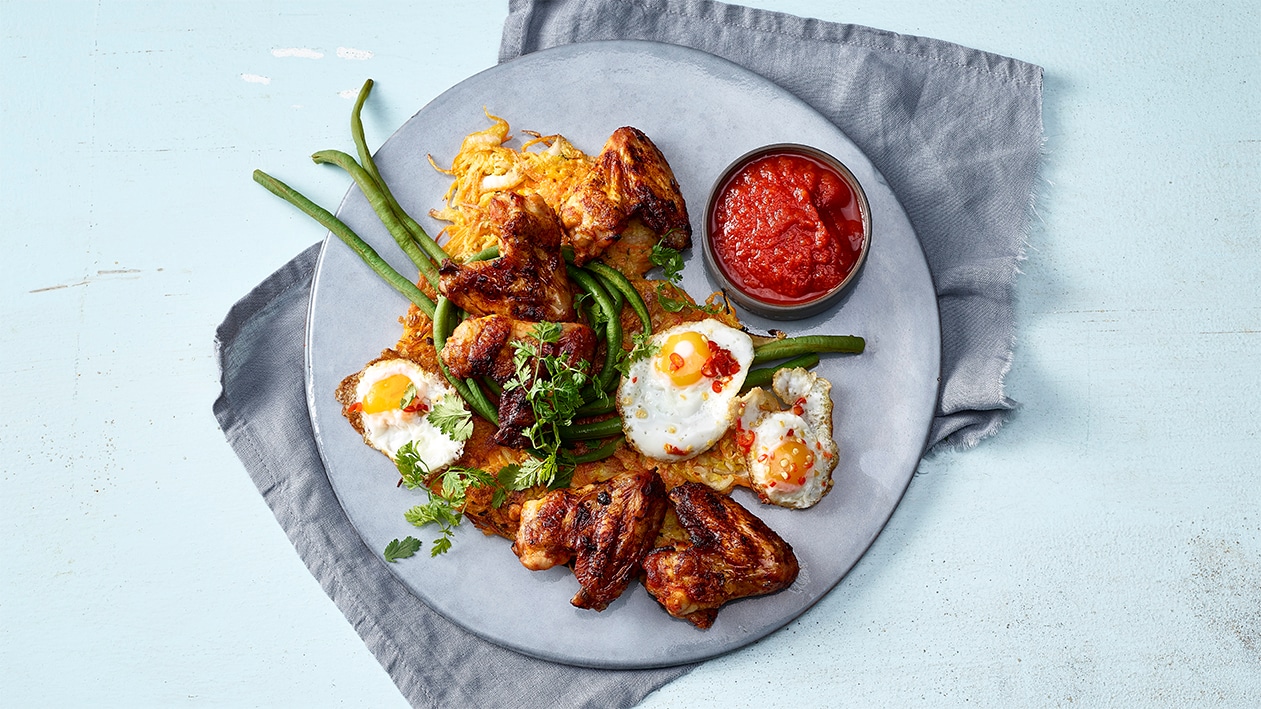 Galettes argoviennes aux ailerons de poulet et oeufs au chili –  