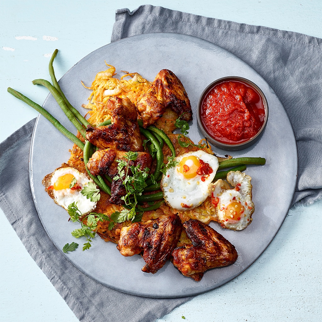 Galettes argoviennes aux ailerons de poulet et oeufs au chili
