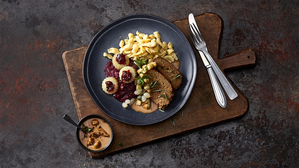 Pain de viande de gibier, spätzli et garniture Pain de viande de gibier, spätzli et garniture