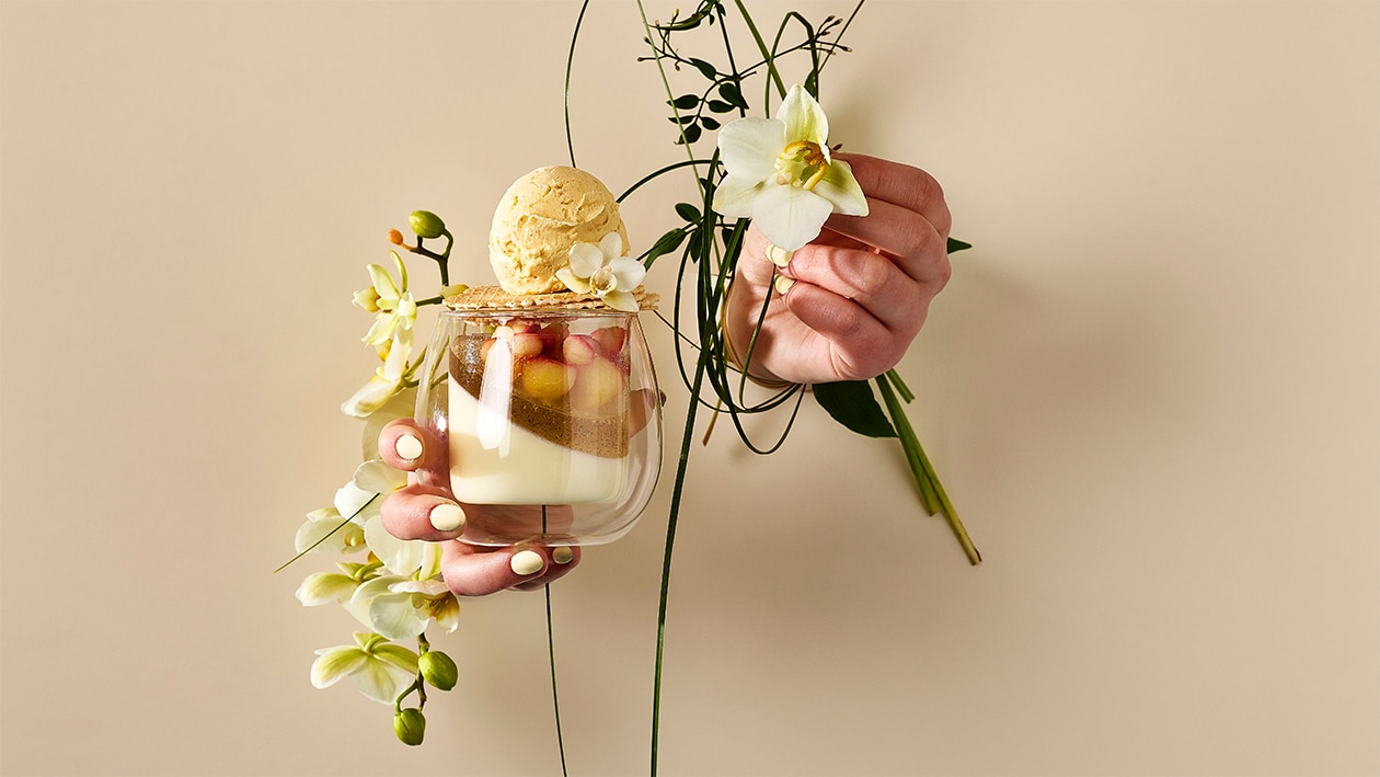 Panna cotta, Apfel-Kompott auf Weissweingelee mit Bretzel und Vanilleglace –  