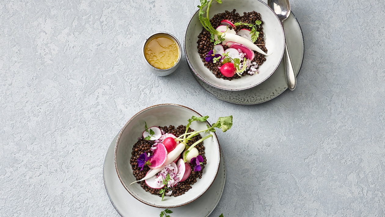 Salade de lentilles et radis à la vinaigrette aux agrumes