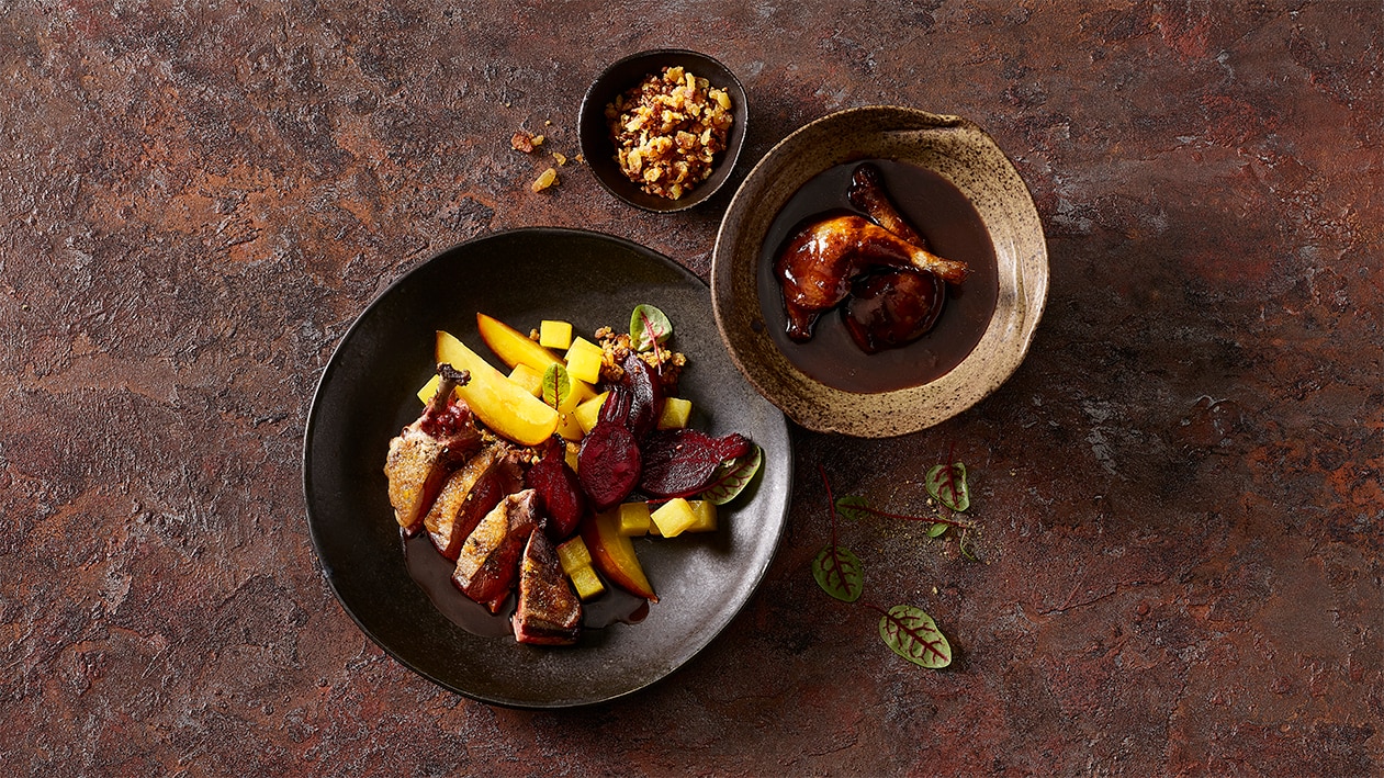 Pigeon aux maluns aux châtaignes et betteraves –  