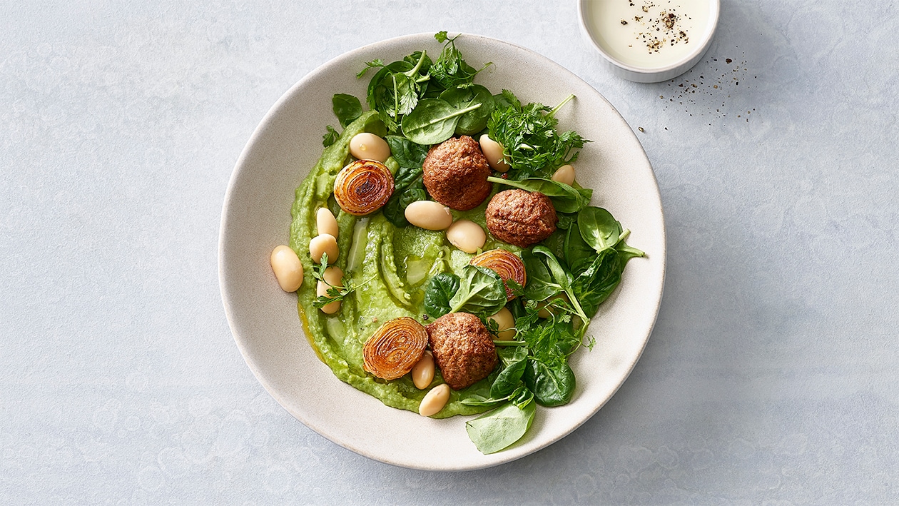 Soissonbohnen-Zwiebelhumus-Bowl mit Vegetarian Minced Balls