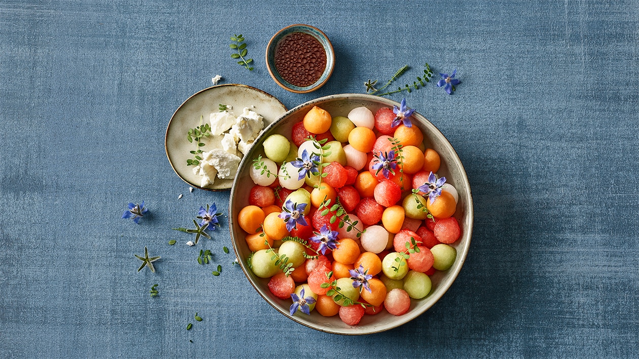 Perles de melons à la féta et vinaigrette balsamique