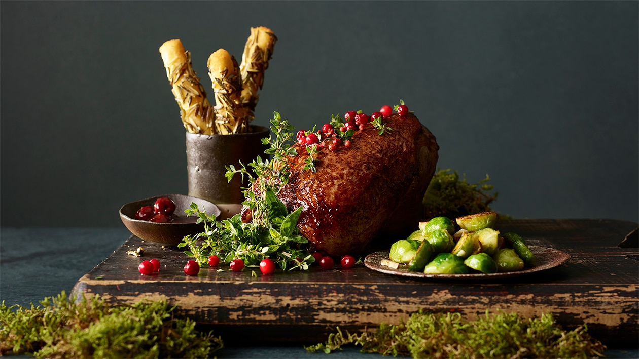 Canard glacé, croquettes aux graines de courge et choux-de-Bruxelles –  
