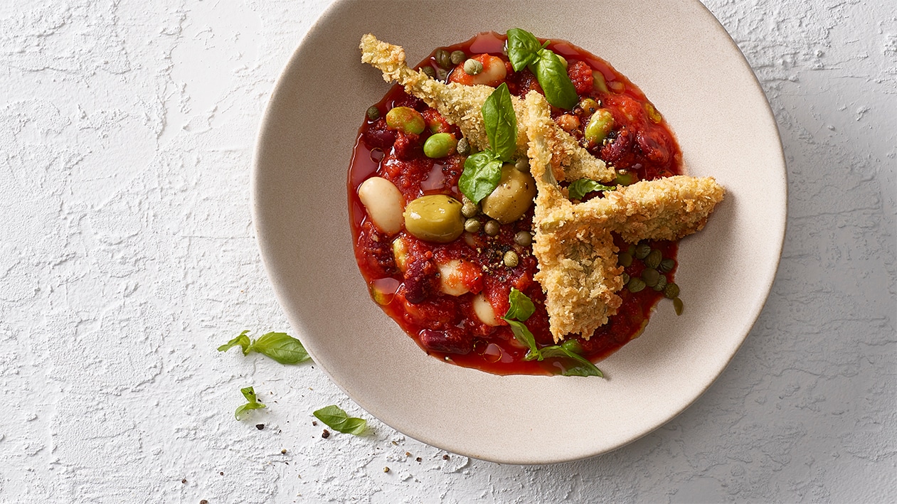 Soissonsbohnen - Tomaten Eintopf mit knusprigen Artischocken –  
