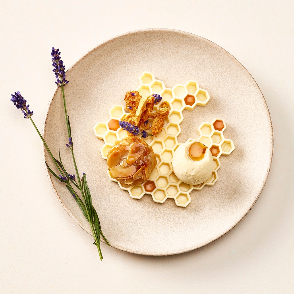 Honigvariation Bienenstich, Honig-Lavendel-Panna-Cotta, Honig Crunch, Vanilleglace mit Honig
