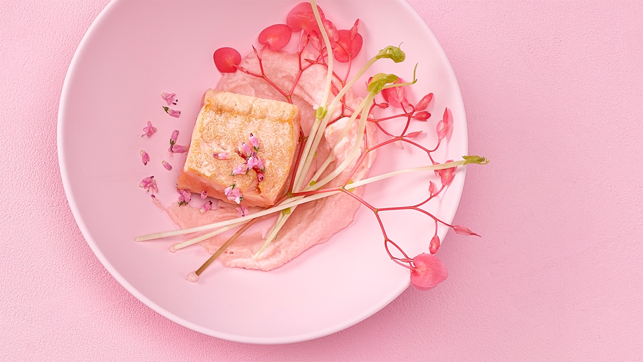 Saumon sauté à la crème de colrave, pomme et eau de roses –  