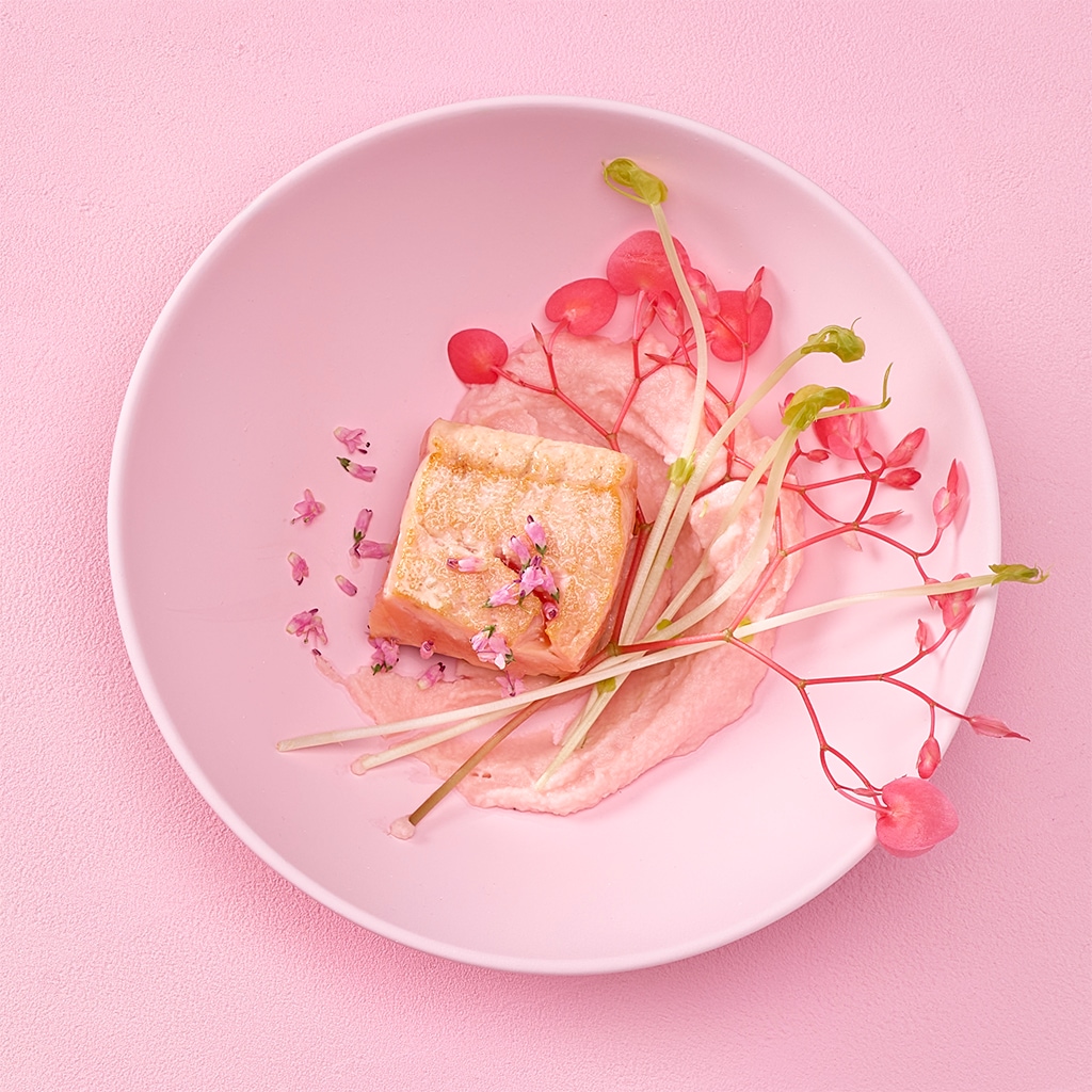 Sautierter Lachs mit Kohlrabi-Apfel-Rosen Crème