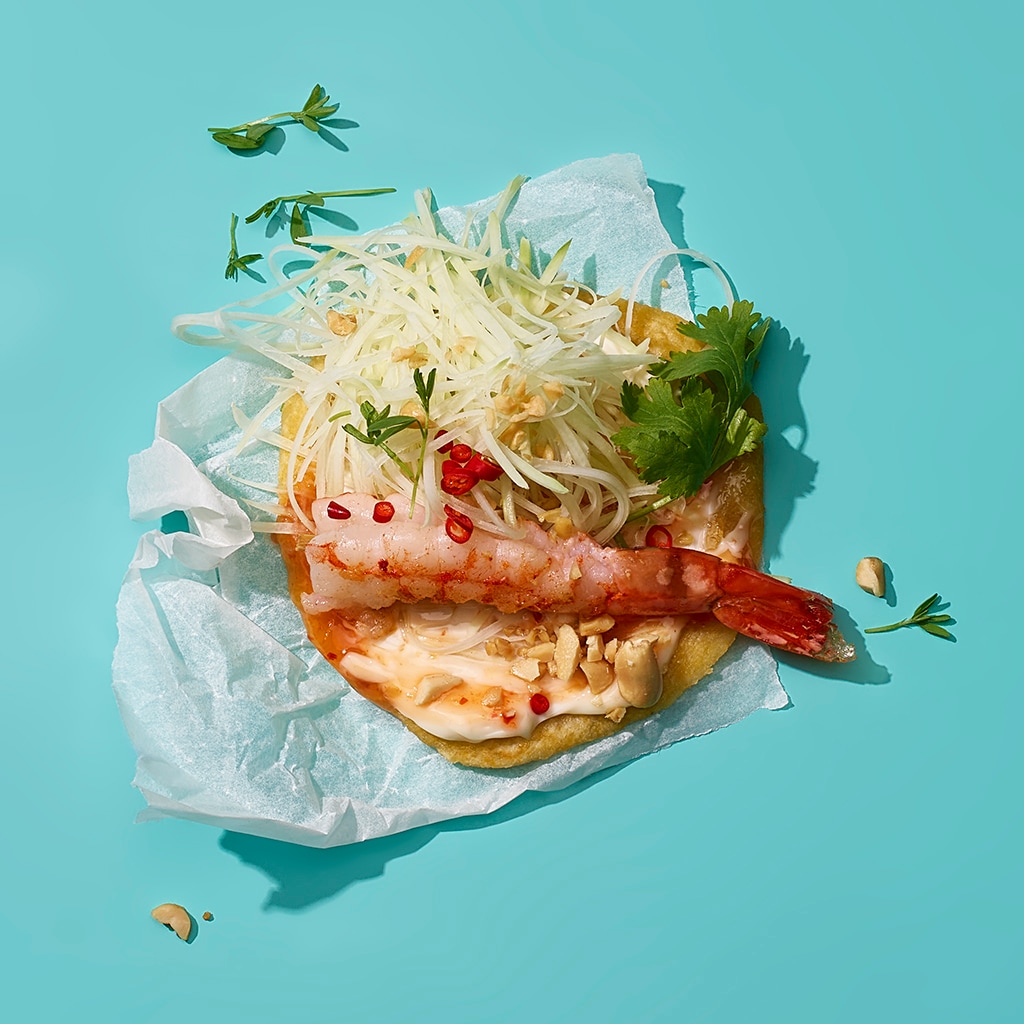 Taco mit Riesencrevetten und Papayasalat