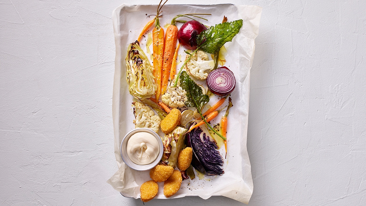 Légumes au four avec nuggets et mayonnaise végane –  