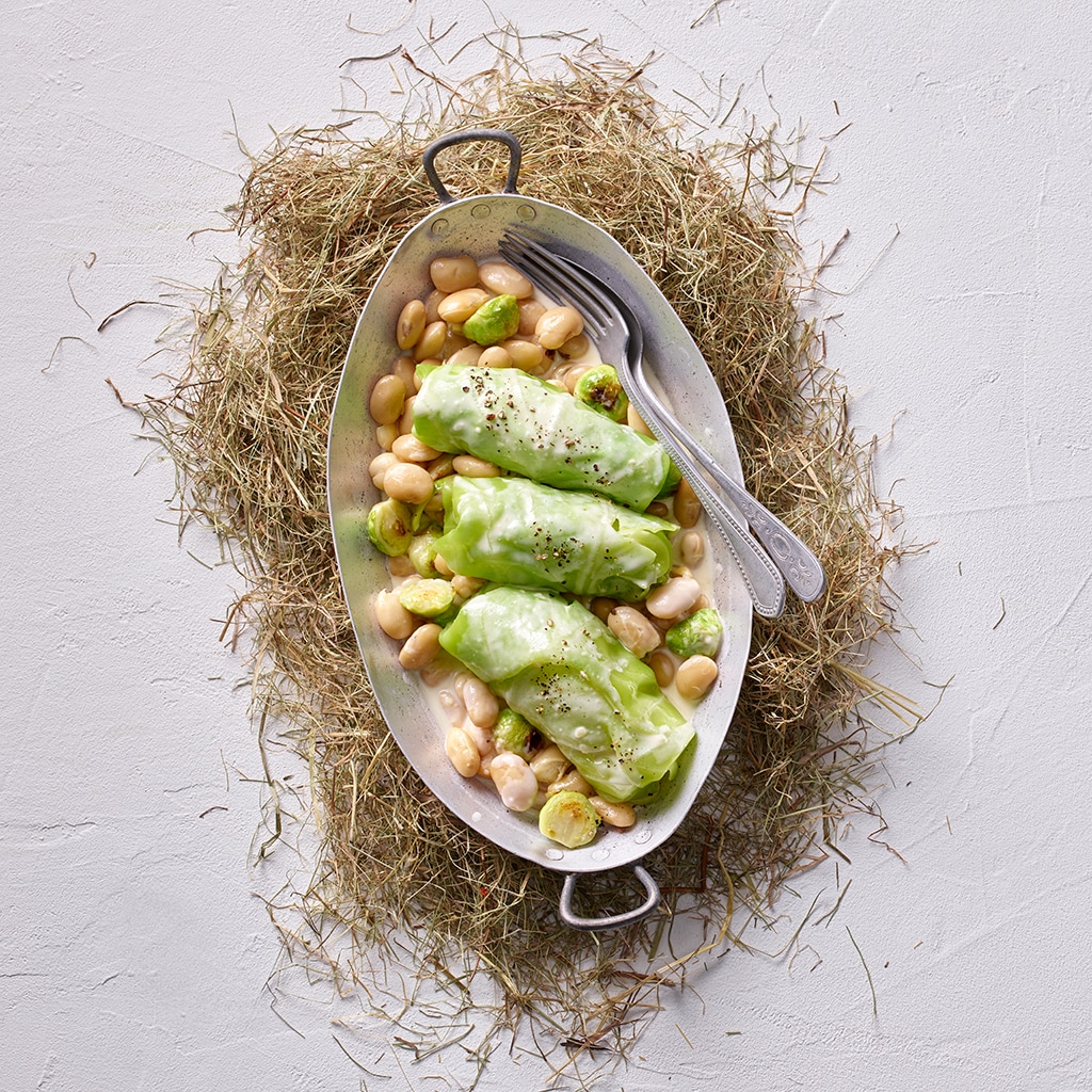 Auf Heu gebackener Spitzkohl mit Soissonsbohnen