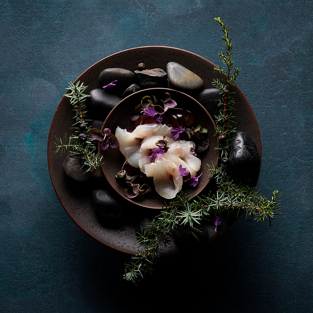 Ceviche de loup de mer sur salade de raisins à la vinaigrette balsamique au genièvre