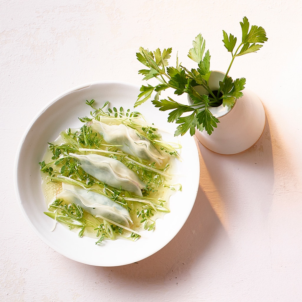 Rüben-Dumplings mit Frischkäsefüllung und Apfel-Ingwer Vinaigrette