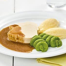 Jarret de veau glacé, polenta et poireaux sous forme de purée