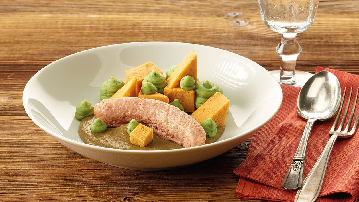 Pot-au-feu de courge et lentilles avec saucisse au marc, sous forme de purée Pot-au-feu de courge et lentilles avec saucisse au marc, sous forme de purée