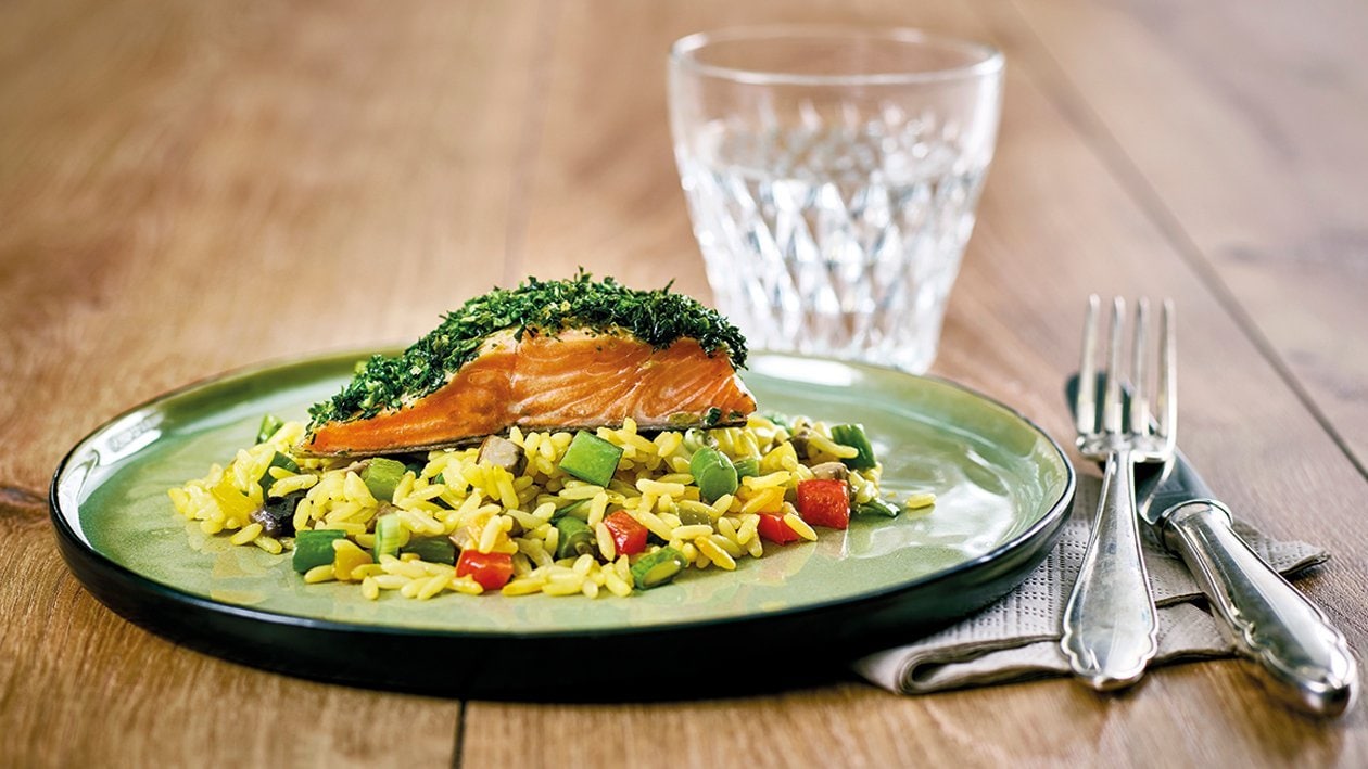 Truite saumonée marinée et paella aux légumes Truite saumonée marinée et paella aux légumes