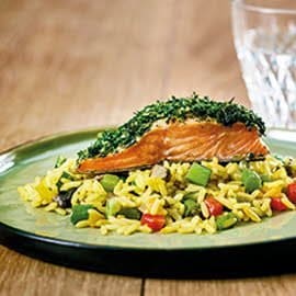 Truite saumonée marinée et paella aux légumes