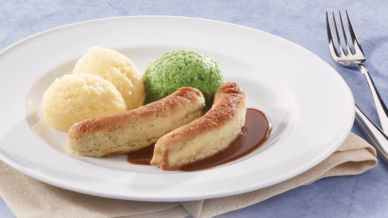 Mets en purée / Saucisse de veau à la moutarde, polenta et purée de petits pois Mets en purée / Saucisse de veau à la moutarde, polenta et purée de petits pois