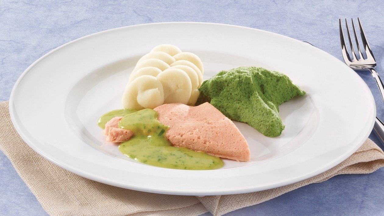 Mets en purée / Saumon au safran et cerfeuil, purée de pommes de terre et brocoli Mets en purée / Saumon au safran et cerfeuil, purée de pommes de terre et brocoli