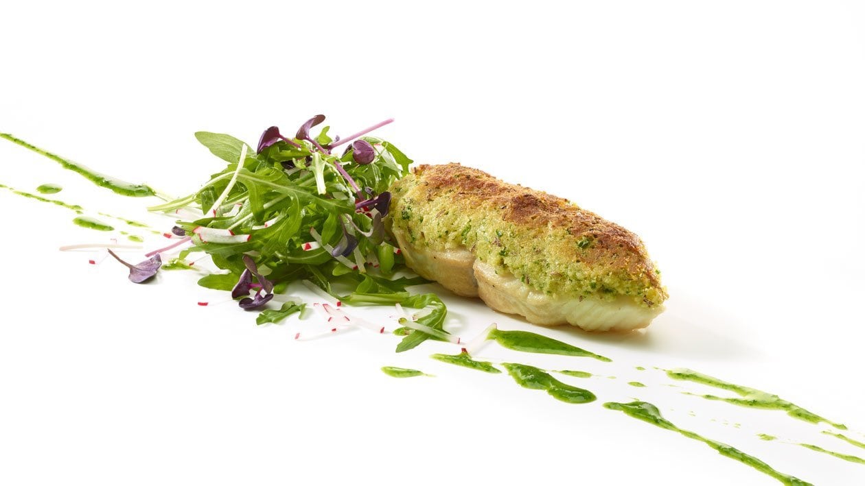 Flétan en croûte de graines de fenouil et huile de menthe Flétan en croûte de graines de fenouil et huile de menthe