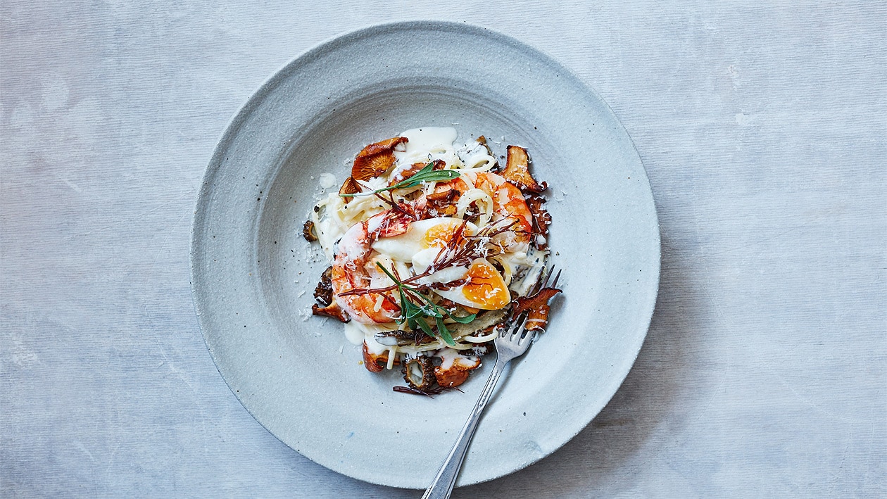 Nouilles aux oeufs et crevettes géantes