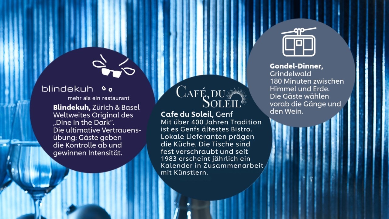 Beispiele aus der Schweiz: blindekuh, Cafe du Soleil, Gondel-Dinner