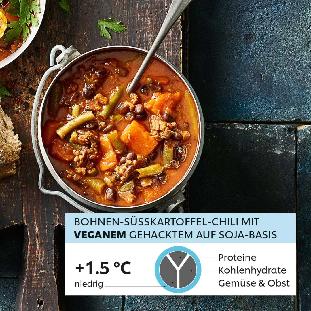 Bohnen-Süsskartoffel-Chili mit veganem Gehacktem