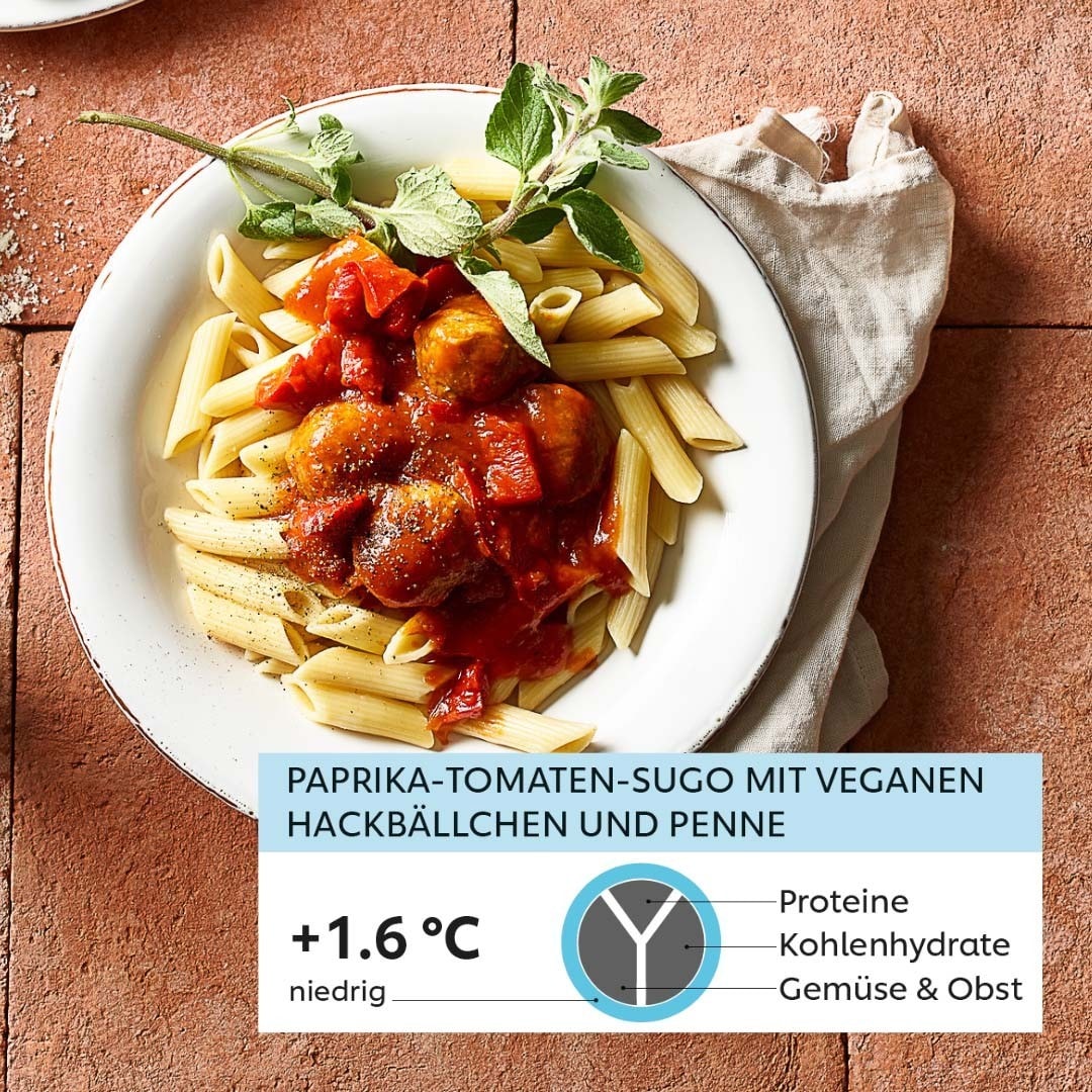 Paprika-Tomaten-Sugo mit veganen Hackbällchen und Penne