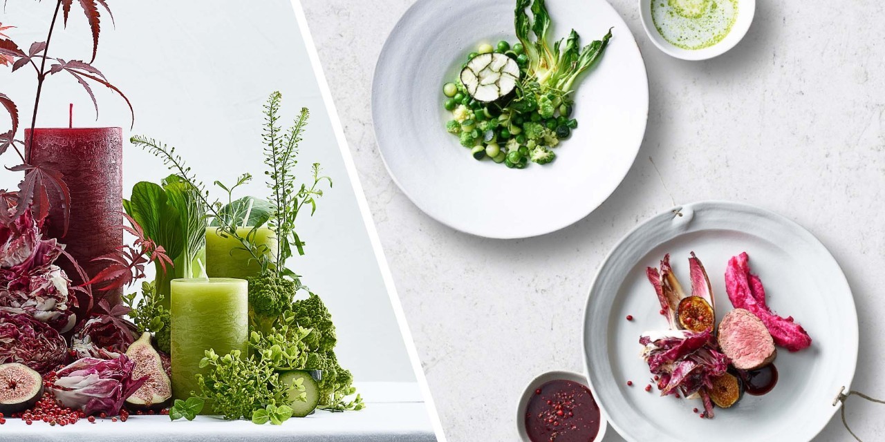 Roulade de sandre pochée au thé matcha et beurre blanc à la ciboulette, Filet de bœuf avec radicchio, figues et sauce au poivre