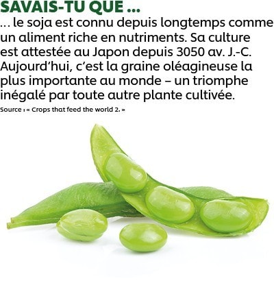 LE SAVAIS-TU... Que le soja est connu depuis longtemps comme un aliment riche en nutriments ? Sa culture en tant que plante utilitaire est attestée au Japon dès 3050 av. J.-C., et aujourd'hui, c'est la graine oléagineuse la plus importante au monde - un triomphe comme aucune autre plante cultivée. LE SAVAIS-TU... Que le soja est connu depuis longtemps comme un aliment riche en nutriments ? Sa culture en tant que plante utilitaire est attestée au Japon dès 3050 av. J.-C., et aujourd'hui, c'est la graine oléagineuse la plus importante au monde - un triomphe comme aucune autre plante cultivée.